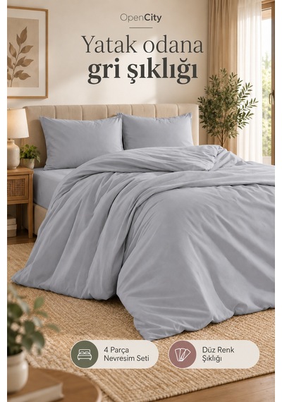 Çift Kişilik Gri Nevresim Takımı 4 Parça Düz Renk 180x220 Nevresim 180x240 Çarşaf 2 Yastık Kılıfı Ev