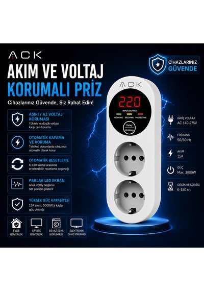 Ack Akım Ve Voltaj Korumalı Priz Çift Prizli Led Ekranlı 15 A 3000w Güç Kapasiteli Aşırı Ve Düşük Voltaj Koruması 0