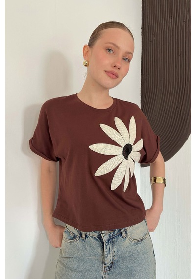 Verymoda Çiçek Detaylı Tişört D2910 Kahve