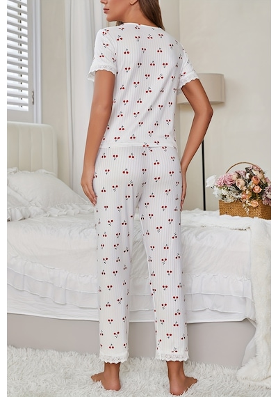 Merry See Özel Örme Kumaş Güpür Dantelli Kiraz Baskılı Kısa Kollu Pijama Takımı Beyaz
