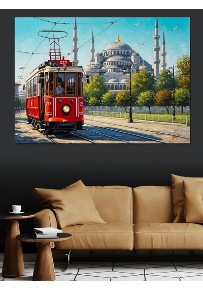 Kırmızı Tramvay İstanbul Şehri Dekoratif Kanvas - Mdf Ahşap Tablo