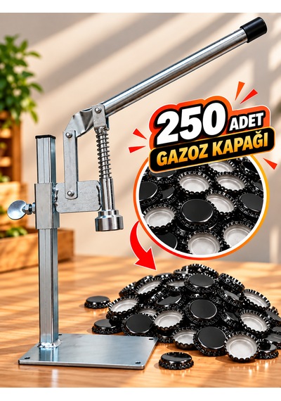 Gazzel Şişe Kapatma Aleti Gazoz Soda Şişesi Taç Kapak Makinası + 250 Adet Gazoz Kapağı Makine + 250 Adet Kapak