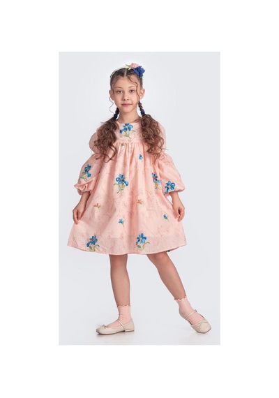 Mnk Baby & Kids Otantik Akdeniz Çiçek Nakışkız Çocuk Müslin Elbise M00706 Pudra
