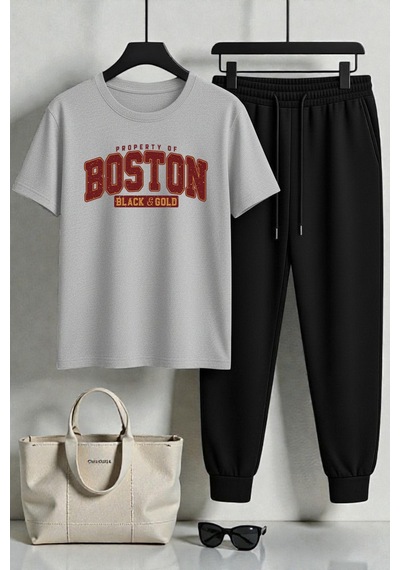 Uyguntarz Unisex Boston Tasarım Baskılı Tişört - 2'li Eşofman Takımı Gri