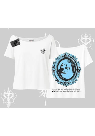 Tarzsokak Çerçeveli Kedi Baskılı Kayık Yaka Tshirt Beyaz