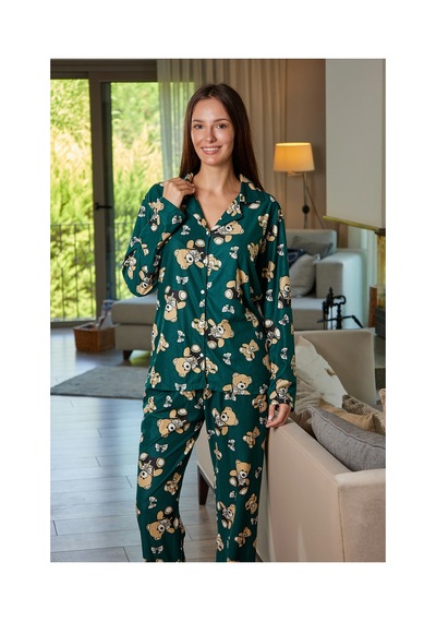 Estiva Kadın Ayıcık Desenli Önden Düğmeli Süet Pijama Takımı Yeşil