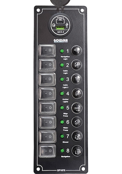 Goldsea Switch Panel 8 Anahtarlı Voltmetreli Usb-C Soketli 12-24 V 250X80Mm