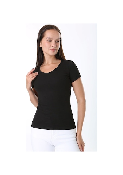 Rooted-kadın Basic V Yaka T-shirt ,fitilli Kaşkorse Kumaş Bluz SIYAH