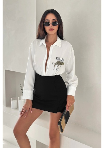 Asprin Fashion Dril Kumaş Paradise Baskılı Taşlı Gömlek Gold Beyaz