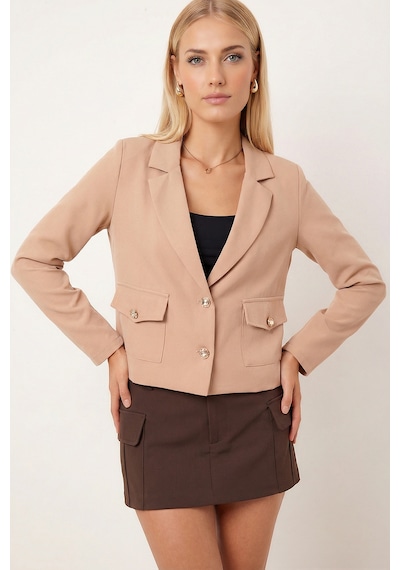 Armonika Kadın Bej Erkek Yaka Kare Cepli Crop Ceket Arm-26k001026