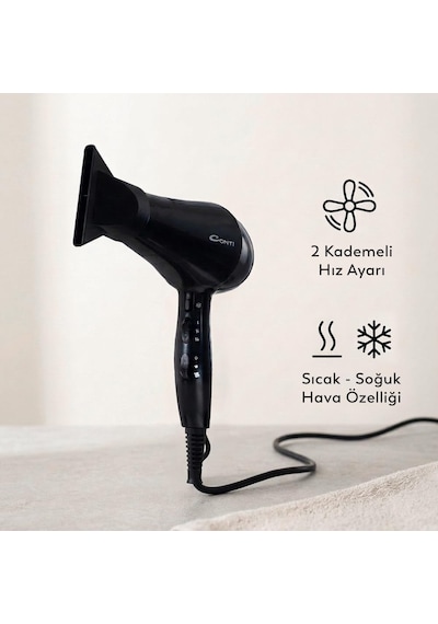 Conti Chd-125 Karayel Saç Kurutma Makinesi 2200w Ac Motor, 3 Kademe Isı Ayarı, 2 Kademe Hız Ayarı, Soğuk Hava Üfleme, Seramik Termal Izgara, Dar Başlık