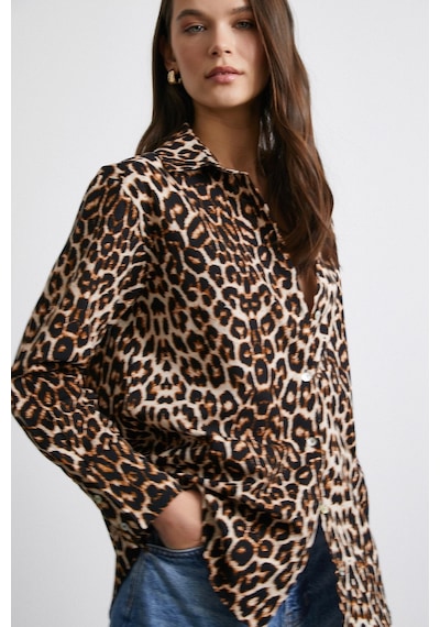 Never More Leopar Desenli Poplin Gömlek Bej Bej