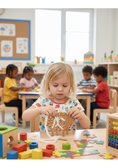 Montessori Ahşap İp Geçirme Oyunu Kuzucuk İnce Beceri Geliştirici Bağlama Ve Düğüm Atma Koordinasyon