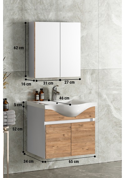 Yıldız 65 Cm Beyaz-atlantik Mdf Lavabolu Asma Banyo Dolabı Takımı Beyaz - Atlantik Çam