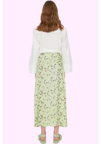 Ersefa Moda Tesettür Regular Çiçekli Desen Günlük Maxi Boy Puantiye Desenli Çan Dokuma Etek Yeşil