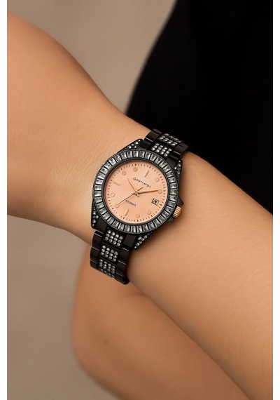 Taşlı Metal Kordon Takvimli Kadın Kol Saati Siyah/içipembe - 646846802 Rose Gold