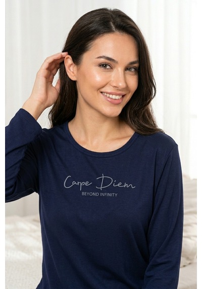 Aura Collections Kadın Desenli Bambu Viskon Uzun Kollu Soft Örme Mevsimlik Pijama Takımı Lacivert