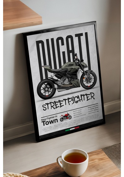 Ducati Street Fighter Siyah Ahşap Çerçeveli Poster, Dekoratif Motosiklet Duvar Tablosu