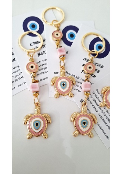 Hediyelik Nazar Boncuklu Şeker Pembe Şans Kaplumbağa Anahtarlık 10,5 Cm