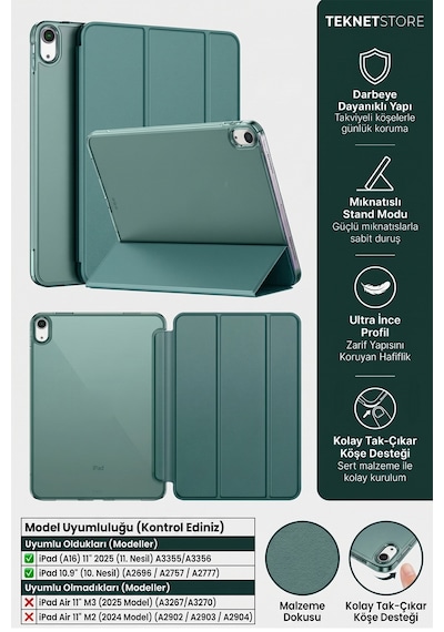 İpad 11. Nesil A16 Ve 10. Nesil 10.9" Uyumlu Kılıf A3355 A2696 Ultra İnce Standlı Kapak Koyu Yeşil Kapaklı Kılıf