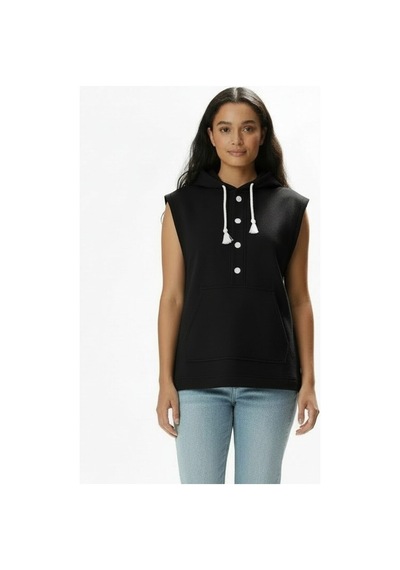 Lyvean Kapşonlu Kolsuz Düğmeli Üç İplik Penye Sweatshirt Siyah