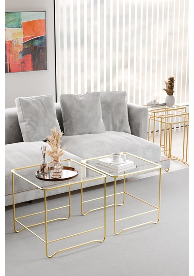 Orta Sehpa Salon Oturma Odası İkili Kare Gold Altın