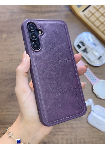 Samsung Galaxy A25 Uyumlu Premium Deri Dokulu Darbelere Karşı Dayanıklı Nazal Silikon Kılıf Mor