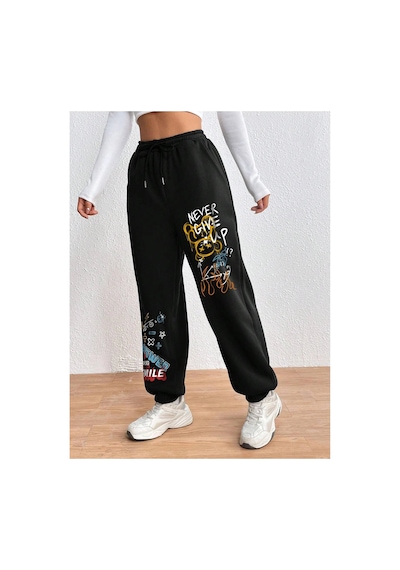 Tarzsokak Cartoon & Graphic Drawstring Waist 4 Mevsim Eşofman Siyah