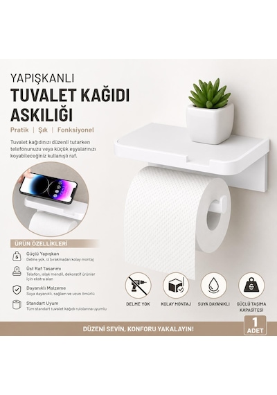 3b Trend Yapışkanlı Tuvalet Kağıdı Askılığı Raflı - Delme Gerektirmeyen Raflı Tuvalet Kağıdı Tutucu Beyaz
