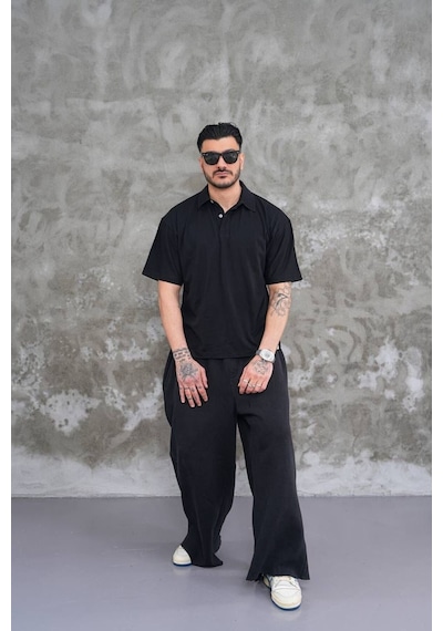 Erkek Polo Yaka Oversize T-shirt SIYAH
