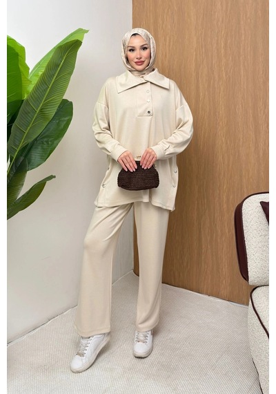 Mihran Butik Soho Elegance Yaka Detaylı Kadın Tesettür Alt Üst Takım Krem