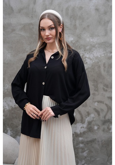 Polologin Butik Düğmeli Klasik Siyah Gömlek Tunik Siyah