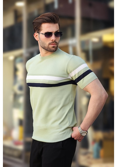 Madmext Madmext Çağla Yeşili Bisiklet Yaka Çizgili Erkek T-shirt E7412 Çağla Yeşili