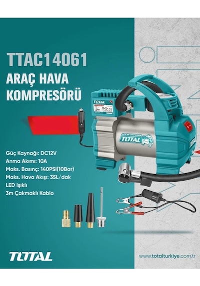Total Araç Hava Kompresörü Led Işıklı Çakmaklı Kablo - Ttac14061