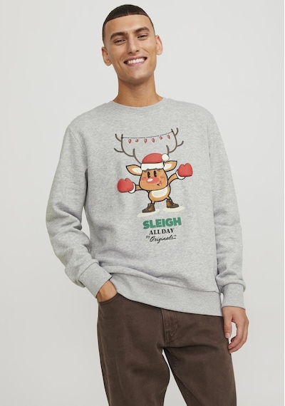 Jack & Jones Yılbaşı Temalı Baskılı Sweatshirt - Xmas 12247523 Light Grey Melange Yeşil