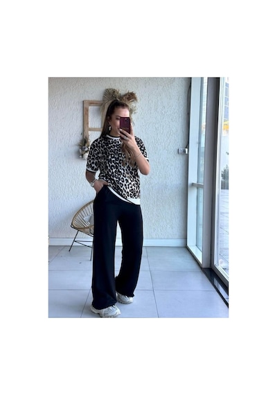 Çınar Boutique Leopar Ribanalı Büyük Beden Alt Üst Takım Siyah Siyah