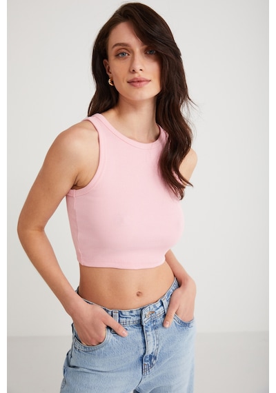 Ethıquet Joyce Kadın Slim Fit Dar Kalıp Sıfır Kol Bisiklet Yaka Örme Crop Pembe Atlet