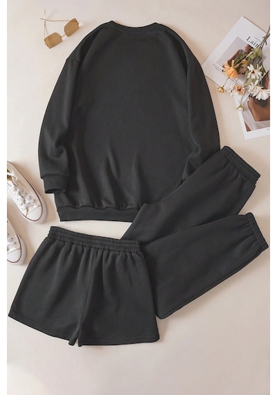 Uyguntarz 3'lu Sweat Short Eşofman Altı Takım Siyah