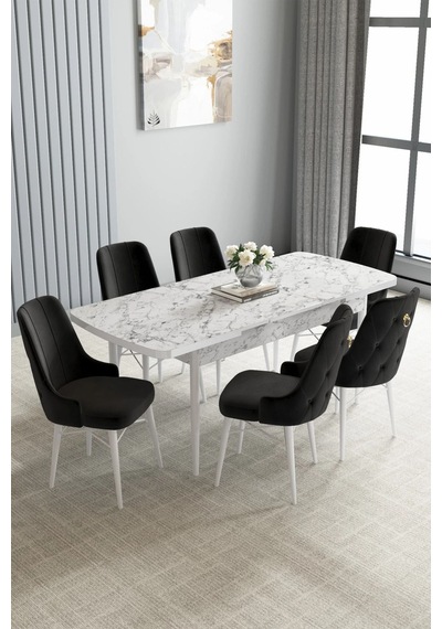 Zümra Serisi, Beyaz Mermer Desen 80x132 Açılabilir Mdf Mutfak Masası Takımı 6 Adet Sandalye Siyah Zümra Serisi, Beyaz Mermer Desen 80x132 Açılabilir Mdf Mutfak Masası Takımı 6 Adet Sandalye Siyah