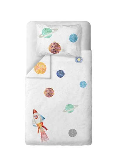 Space Planet White%100 Organik Pamuk Tek Kişilik Çocuk Nevresim Takımı 100 X 200 Cm Çok Renkli