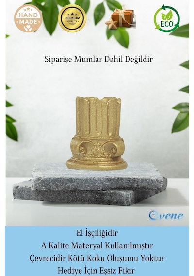 Eskitme Mumluk Şamdan 3 Adet Tealight Uyumlu Tarihi Sütun Model - Altın