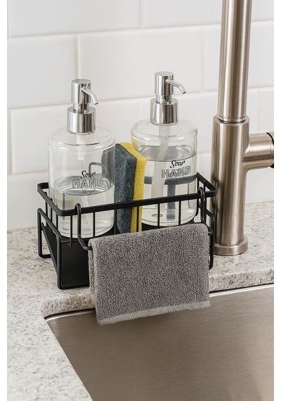 Buççin Online Mağaza Tezgah Üstü Sıvı Sabunluk Ve Süngerlik Organizer + 2 Adet Sıvı Sabunluk İle Set Metal Siyah Çok Renkli