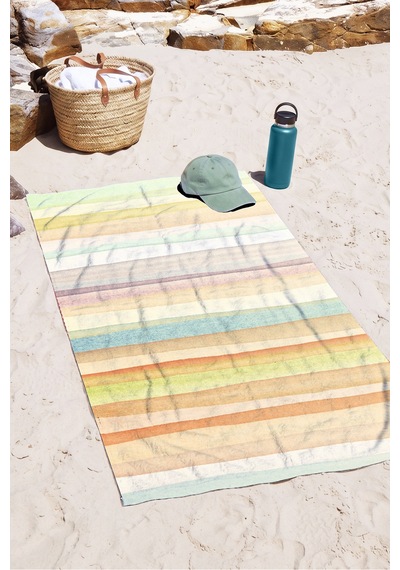 Çizgili Pastel Renkli Plaj Havlusu - Minimalist Sarı Mavi Çizgiler Hızlı Kuruyan Mikrofiber Havlu Serin Kumul