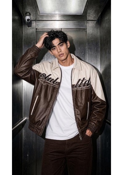 Oksit Club Ltd Nakış Detaylı Vintage Colorblock Gömlek Yaka Deri Bomber Ceket Kahve