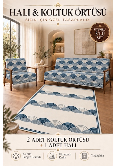 3 Lü Set 2 Adet 165x215 Cm Koltuk Örtüsü + 1 Adet 6m2 180x280 Cm Kaymaz Taban Dijital Baskılı Halı lacivert