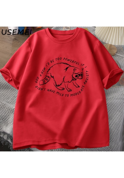 Flood Of Style Tanrı Biliyor Çok Güçlü Olur Rakun Tişörtleri Komik T-shirt Hayvan Baskılı T-shir Kırmızı