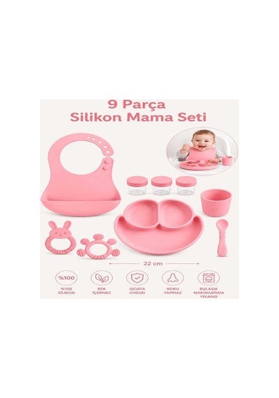 9 Parça Mama Seti %100 Silikon Bpa İçermez Ek Gıdaya Uygun Pembe