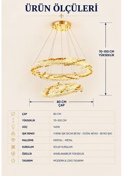 Modern Premıum Gold Led Avize 3 Renk Sarkıt Salon Yemek Odası Avizesi 140w