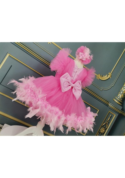 Star Kids Fashion Kız Çocuk Pembe Tüylü Elbise,kız Çocuk Mezuniyet Elbisesi