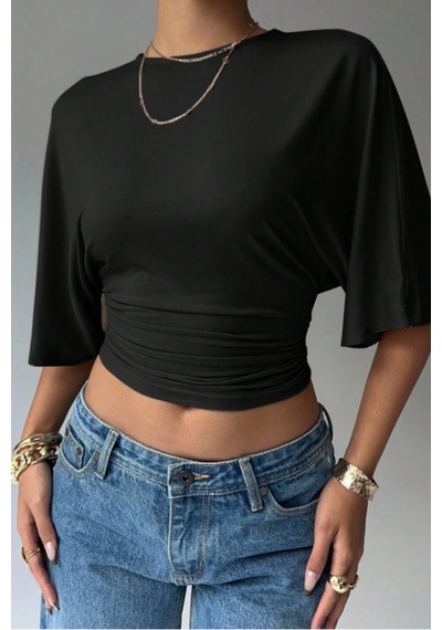 Cool Tarz Kadın Siyah Crop Bluz Yarım Kol Salaş Fit Yüksek Bel Büzgülü Basic Tişört Siyah Siyah Cool Tarz Kadın Siyah Crop Bluz Yarım Kol Salaş Fit Yüksek Bel Büzgülü Basic Tişört Siyah Siyah